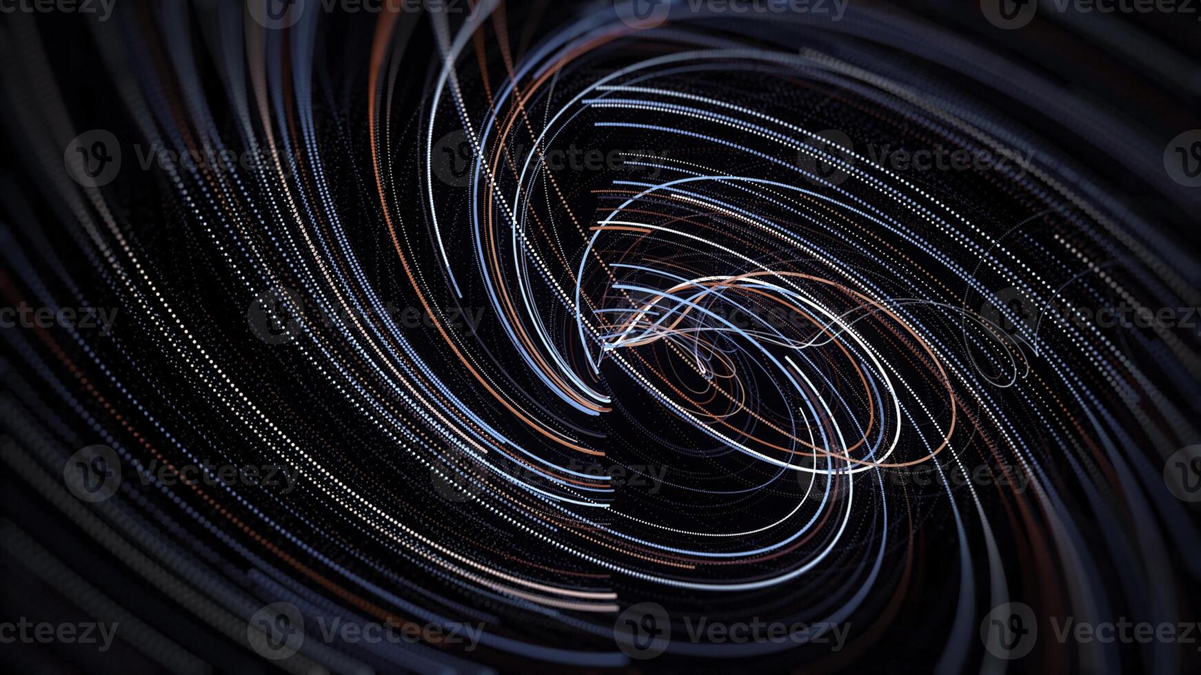 Swirling swirl of neon lines on black background. Animation. Swirl of fast-moving laser colored lines. Neon lines move in spiral. Beautiful multi-colored spiral of neon lines photo