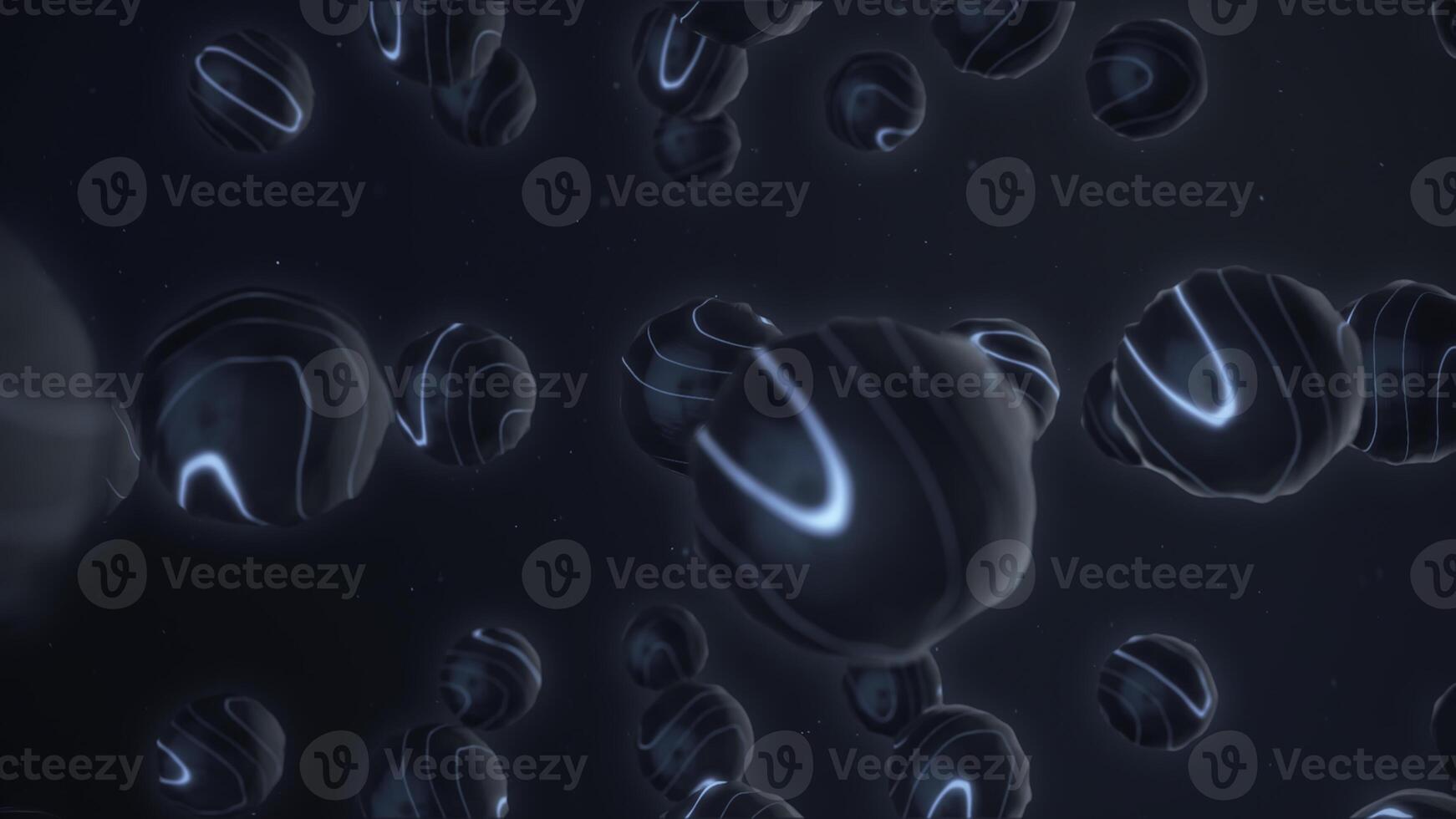 Balls with neon lines fly on dark background. Animation. Neon nano balls like molecules move in weightlessness. 3D balls vibrating and moving in space photo