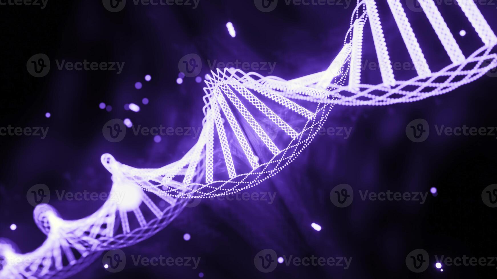 giratorio luminoso espiral de ADN diseño. virtual cadenas de adn y genes en giratorio espiral. hermosa punto hélice de adn se mueve y gira con partículas de cadena foto