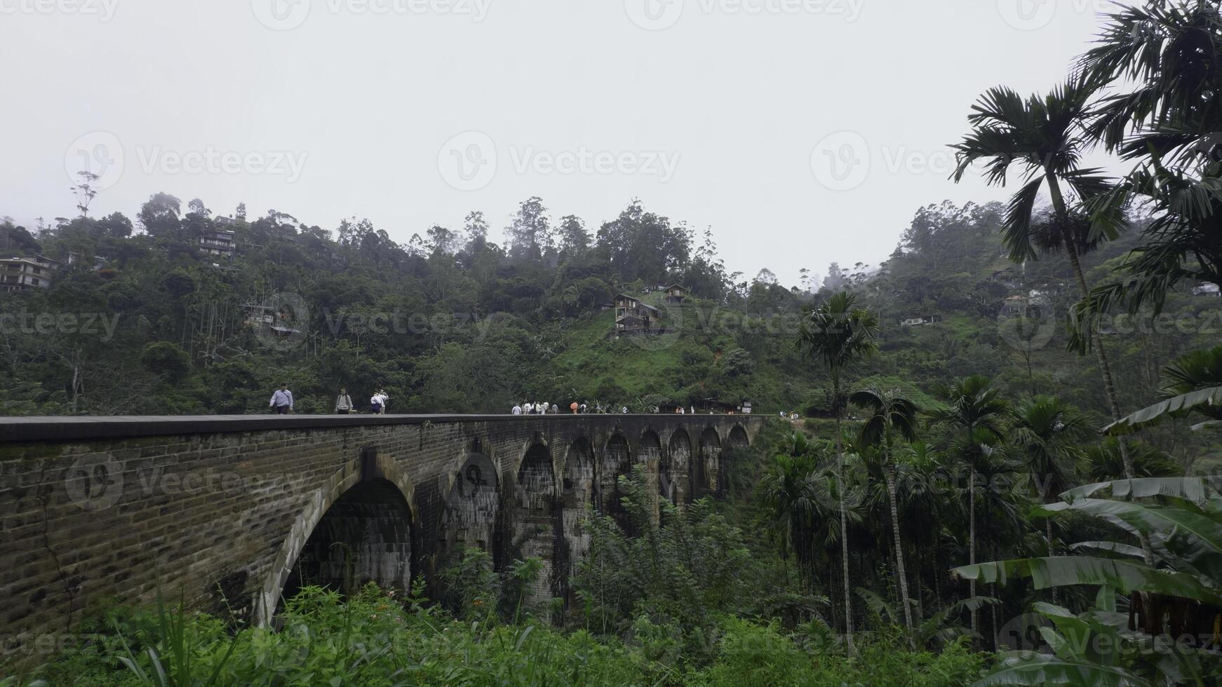 People walk on bridge in jungle mountains. Action. Beautiful landscape with stone bridge in valley of mountain jungle. Bridge in jungle with tourists walking on cloudy day photo