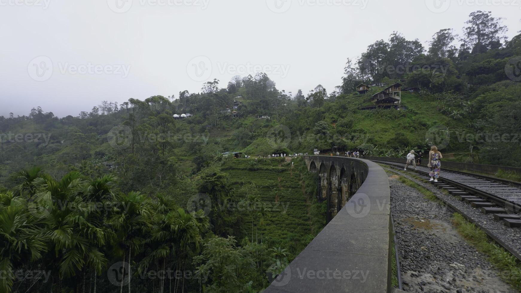 turistas caminar en puente con ferrocarril en selva. acción. excursionismo a lo largo antiguo Roca puente en selva. hermosa paisaje desde puente en colinas de verde selva foto