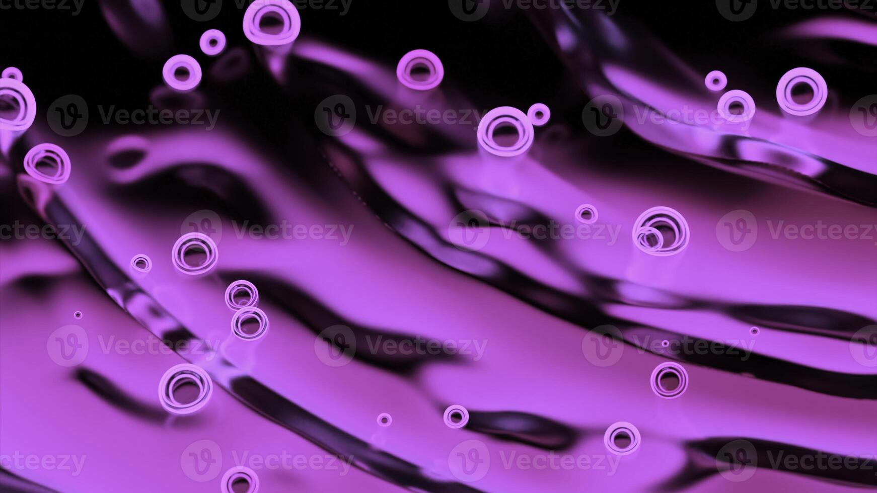 Neon bubbles move on surface of liquid. Design. Bright neon bubbles move on ripples of liquid. Beautiful bubbles move on abstract blurred liquid photo