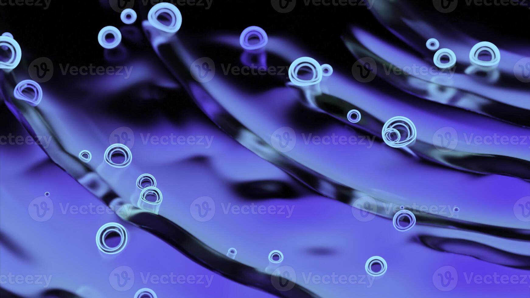 Neon bubbles move on surface of liquid. Design. Bright neon bubbles move on ripples of liquid. Beautiful bubbles move on abstract blurred liquid photo