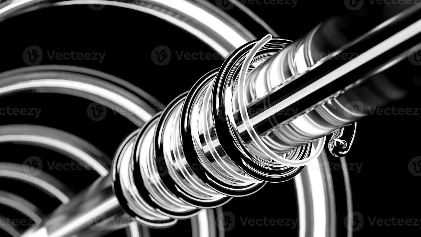 Glowing lines rotate around pipe. Design. Metal tube with moving spirals of neon and metal tubes. Mechanical part with moving parts and rotating neon tubes photo