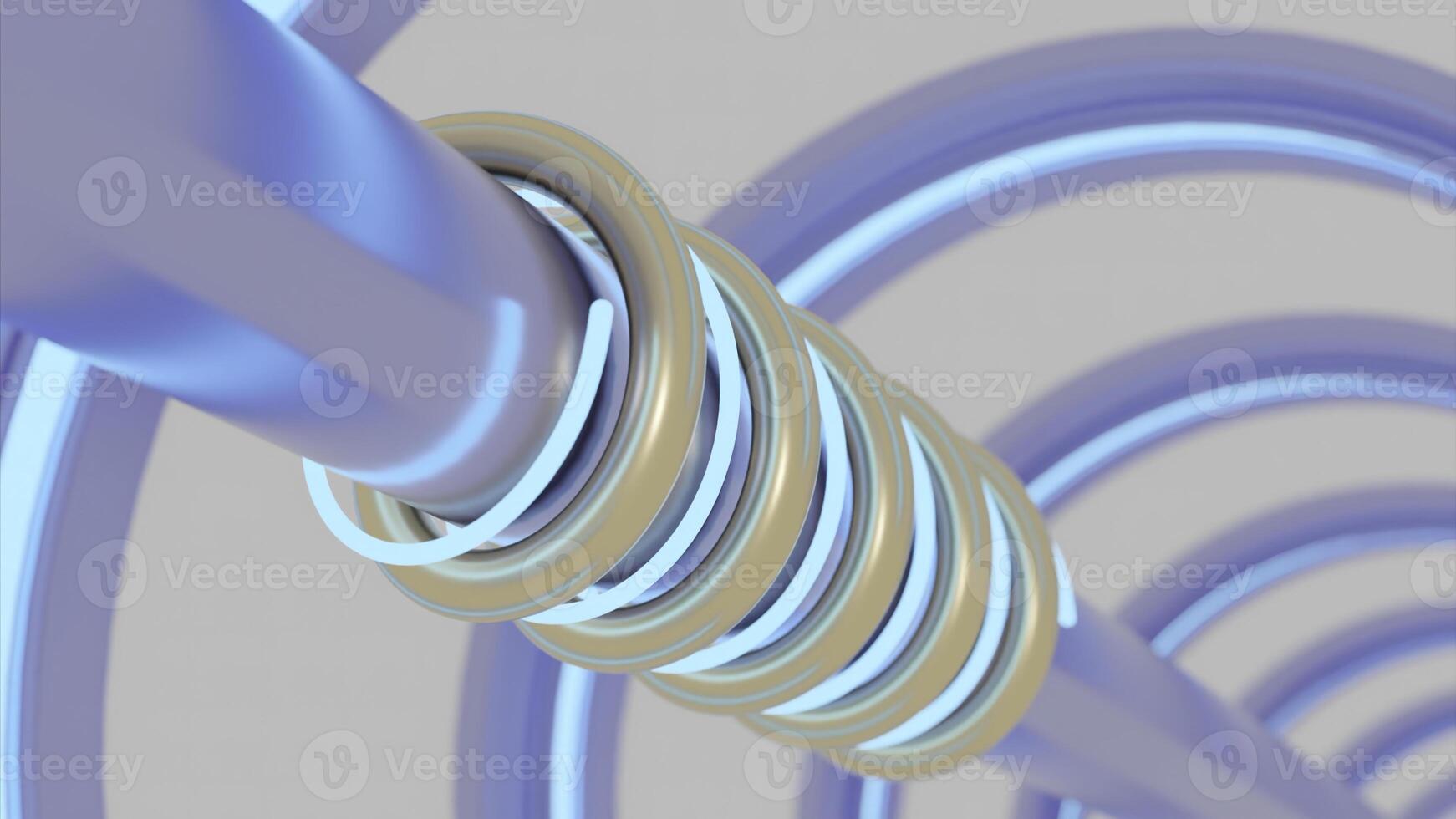 Animation of rotating tubes with piston. Design. Mechanical structure with rotating tubes around rod. Tunnel with metal pipe and moving neon lines photo