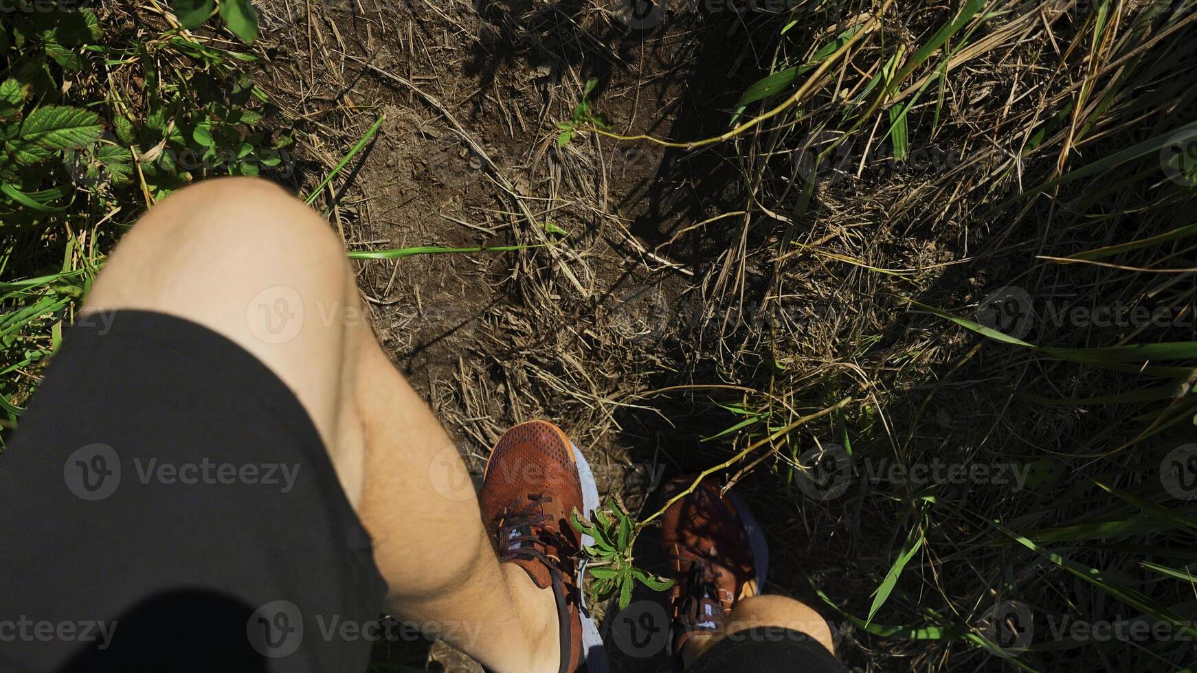 Close-up of man walking along path with green grass. Clip. Man in sports sneakers walks along mountain trail on sunny summer day. Sports walk in sneakers on narrow path with green grass photo