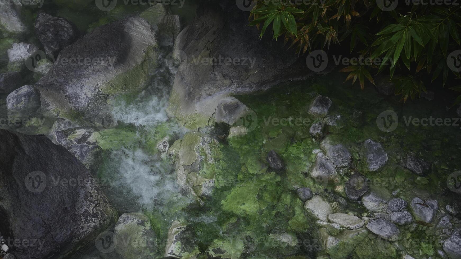 Beautiful view of flowing water in mountain gorge in jungle. Clip. Beautiful stream of river moving in stone gorge. Clear spring stream moves in jungle in summer photo