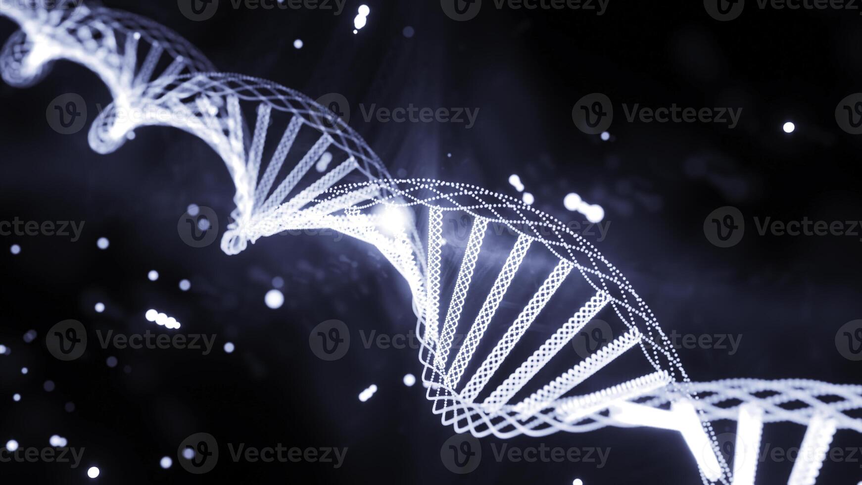 Glowing dna rotates in space. Design. Dna spiral rotates and glows with moving gene particles. Collected dna with gene chains photo