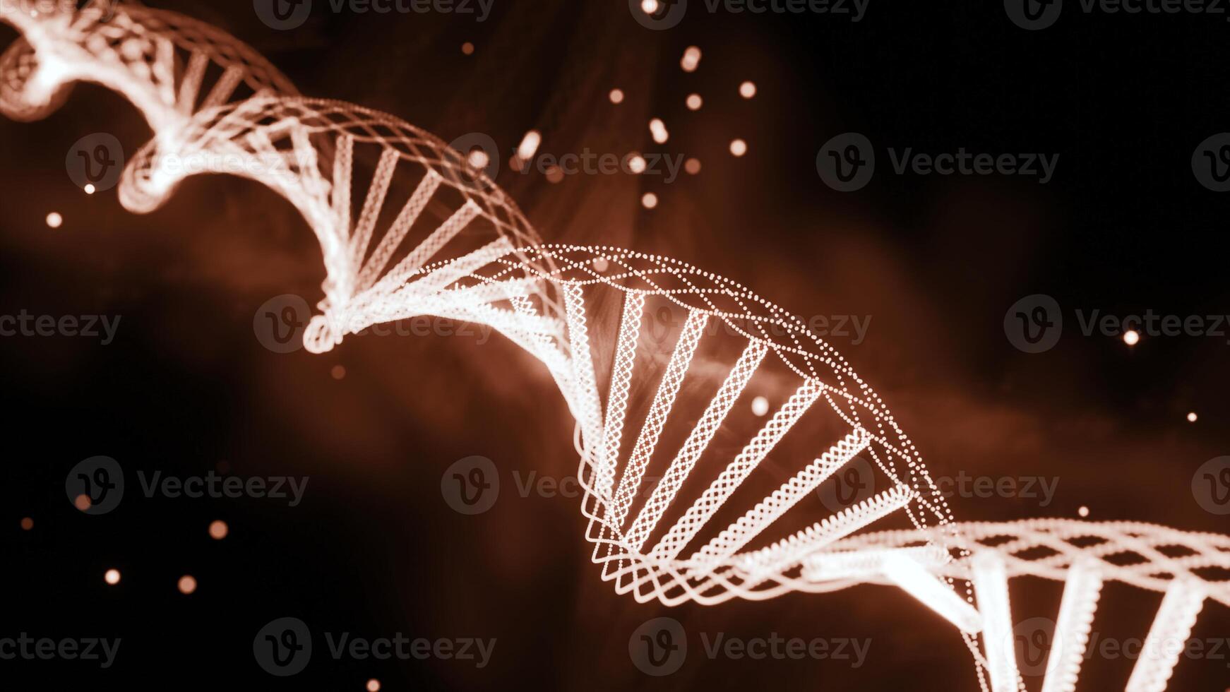 Glowing dna rotates in space. Design. Dna spiral rotates and glows with moving gene particles. Collected dna with gene chains photo