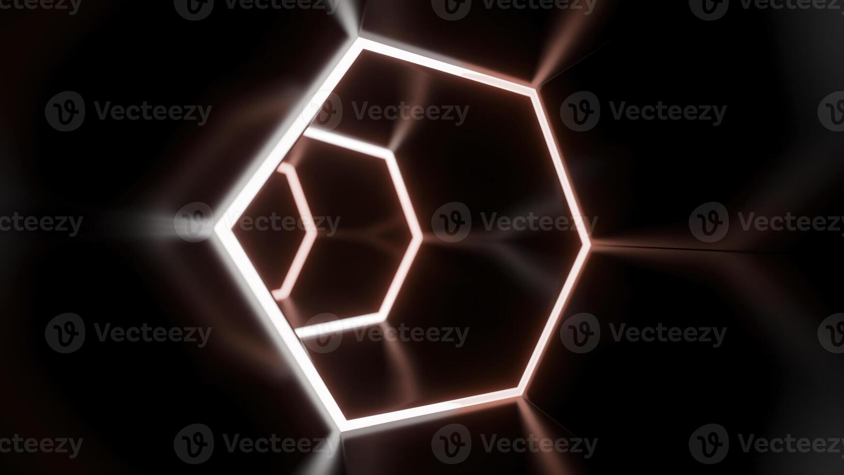 Animation in moving tunnel with hexagonal glowing lines. Design. Movement in rotating cyber tunnel with neon lines. Dark cyber tunnel with hexagonal neon lines photo