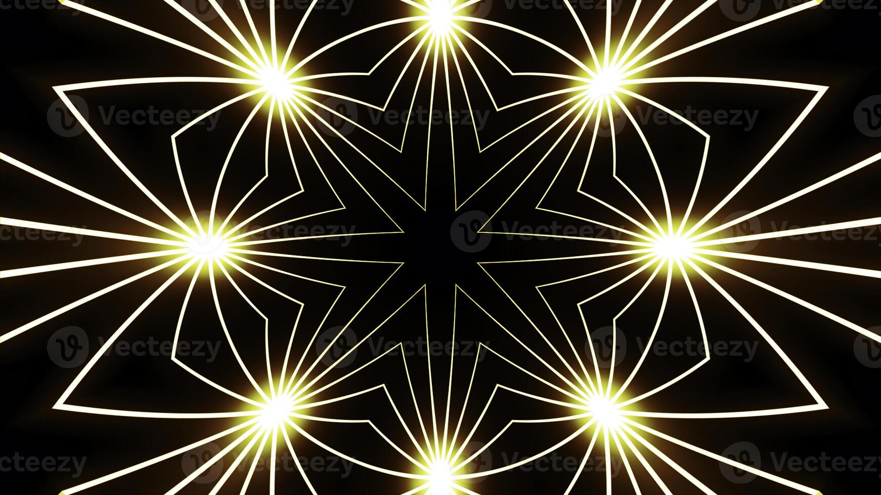 Flashing floral pattern with bright flashes. Animation. Beautiful pattern of lines moves and flashes on black background. Bright glowing lights in moving pattern of lines photo