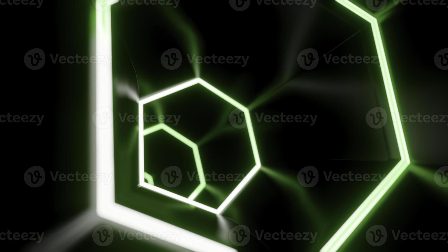 Animation in moving tunnel with hexagonal glowing lines. Design. Movement in rotating cyber tunnel with neon lines. Dark cyber tunnel with hexagonal neon lines photo