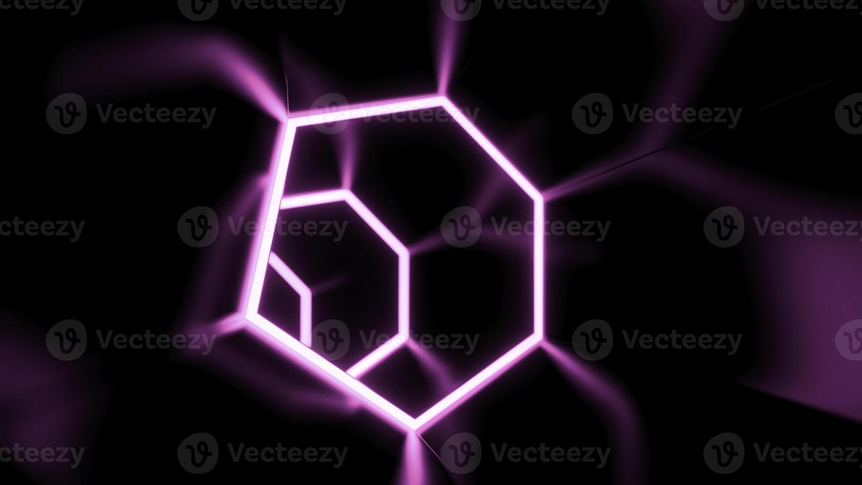 Rotating cyber tunnel with neon hexagonal lines. Design. Moving dark tunnel with reflection of neon lines on surface. Cyber tunnel immersing in virtual reality photo