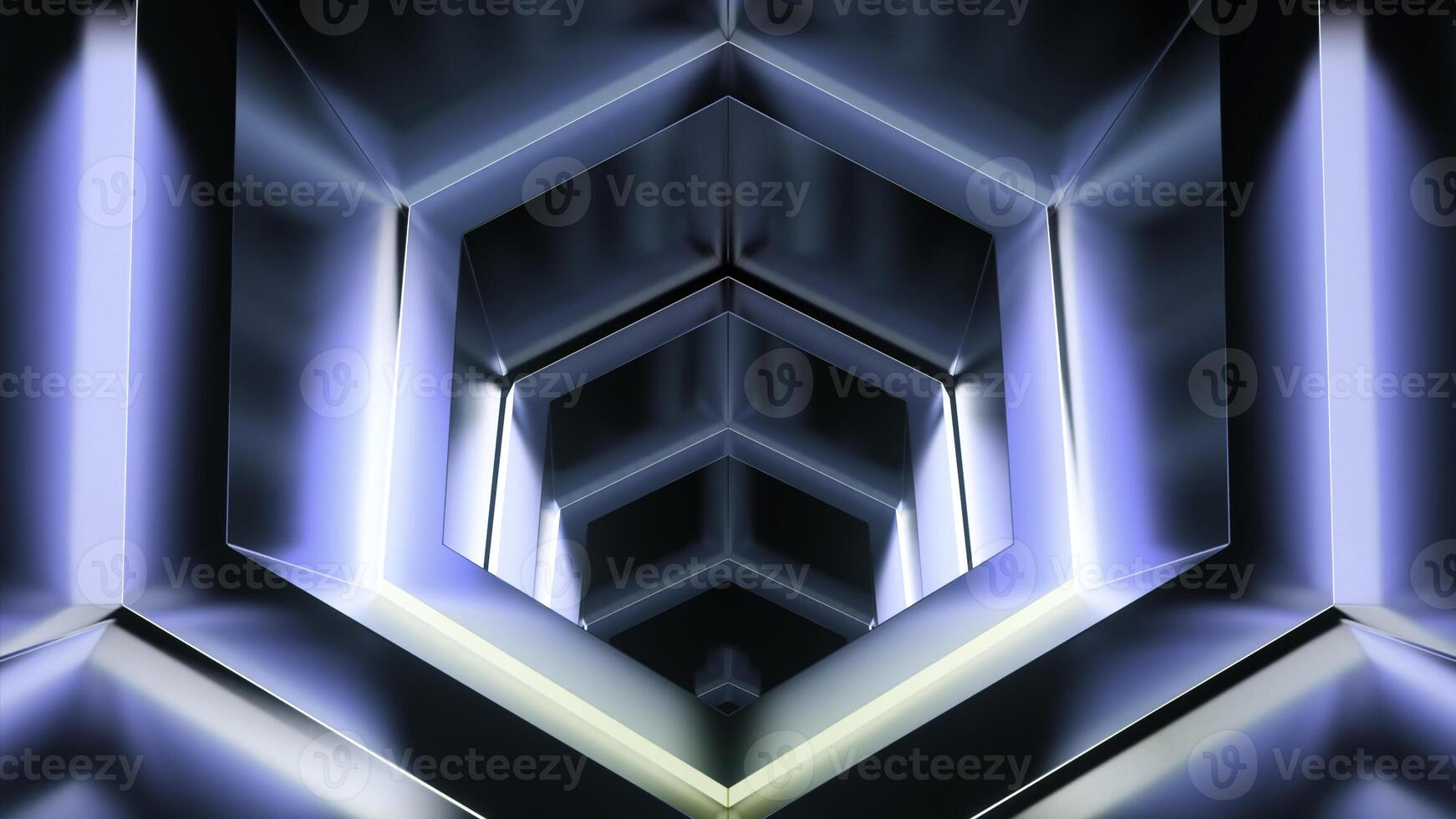 Movement in 3D tunnel with glowing metal walls. Design. Geometric tunnel with metallic texture and luminous reflections. Movement and immersion in cyberspace of tunnel photo