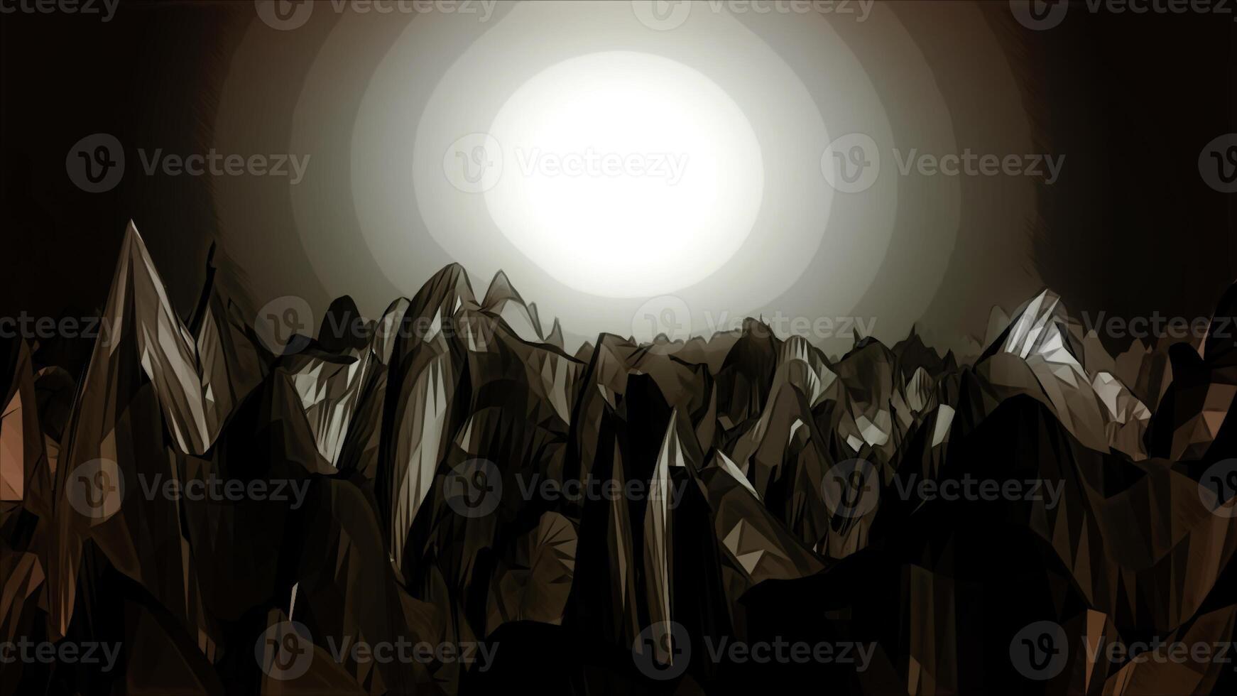Flying inside dark underground cave with sharp rock formations. Animation. Moving towards the light above stalagmites. photo