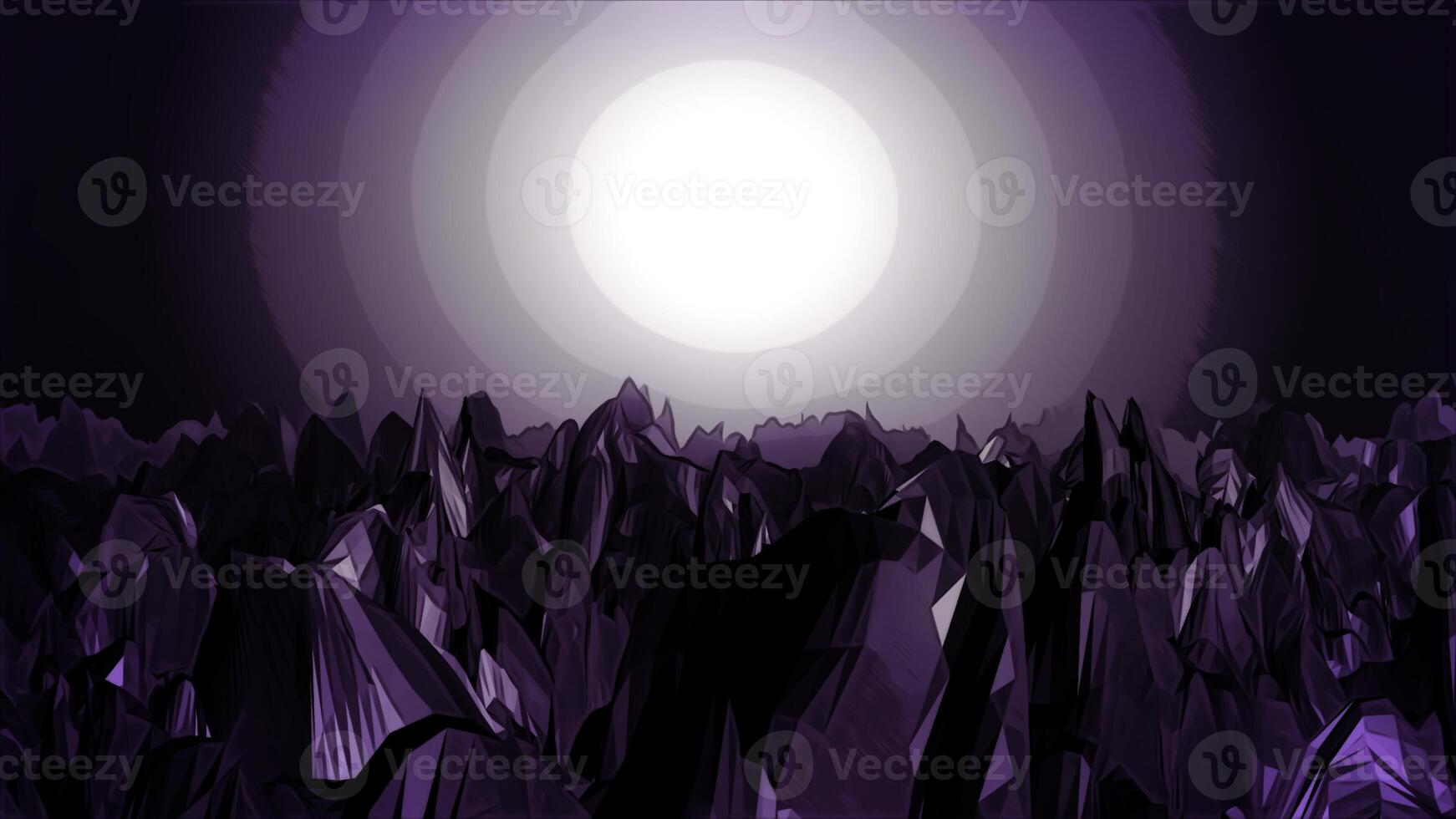 Flying inside dark underground cave with sharp rock formations. Animation. Moving towards the light above stalagmites. photo