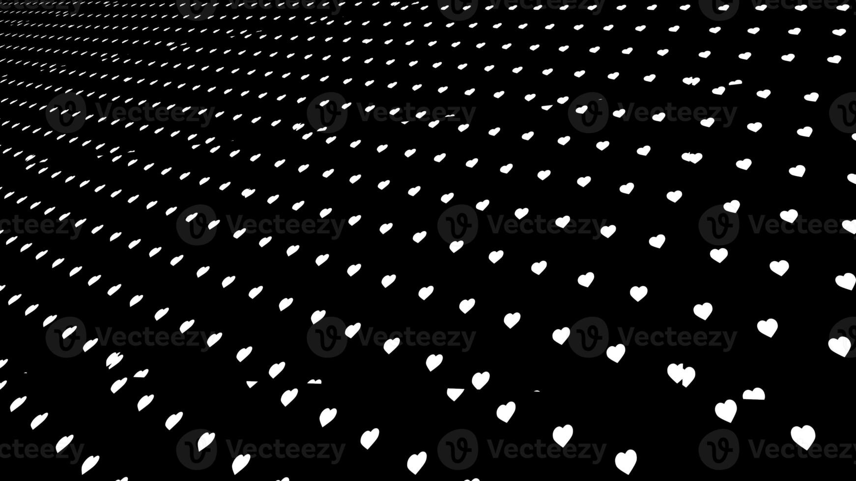 Straight diagonal rows of white small hearts on a black background. Animation. Endless field of hearts, monochrome. photo