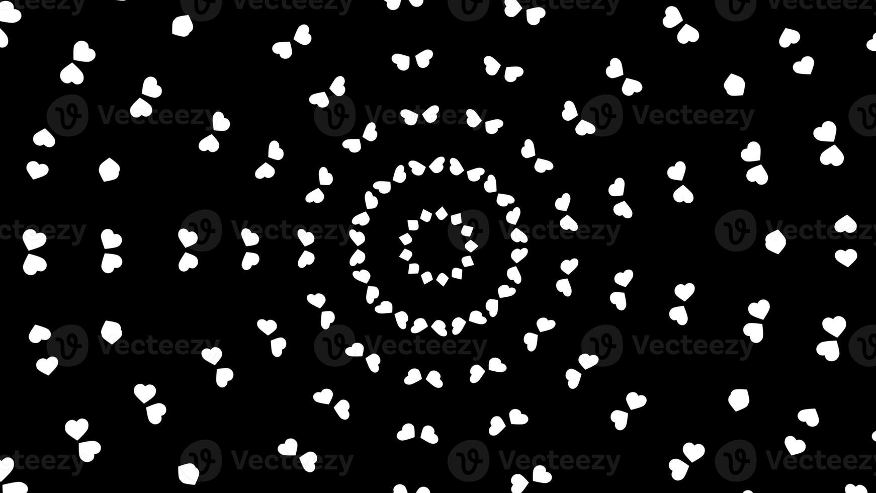 Rotating kaleidoscope of white small hearts on a black background. Animation. Radial rings of hearts, monochrome. photo