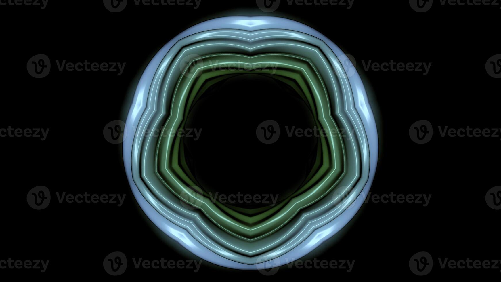 Glowing neon pulsating floral shape with dark hole in the middle on a black background. Animation. Colorful neon dance of circular shape. photo