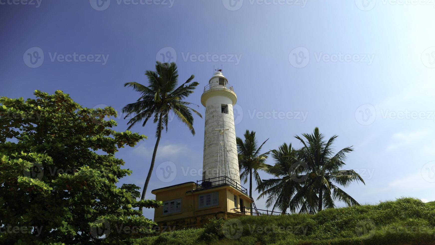 A lighthouse in the middle of a tropical jungle. Action. Green vegetation at summer resort. photo