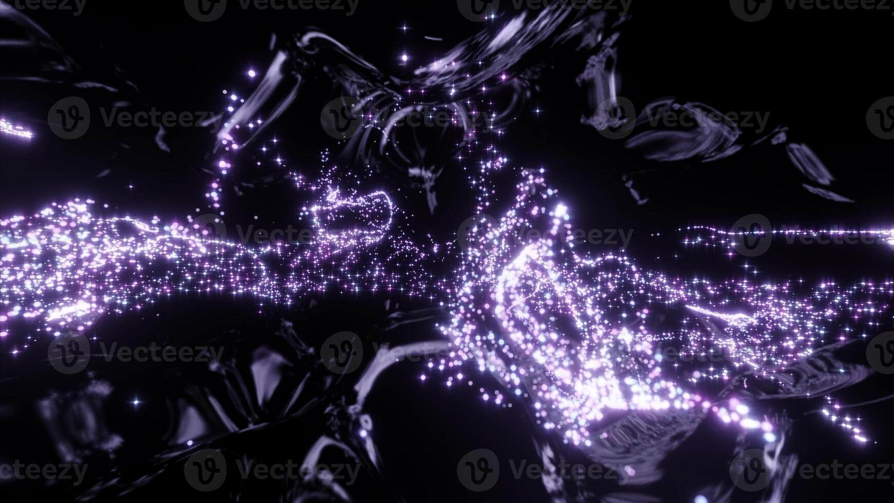 Abstract purple tiny glowing dots flying on a black background. Design. Stream of bright sparks. photo