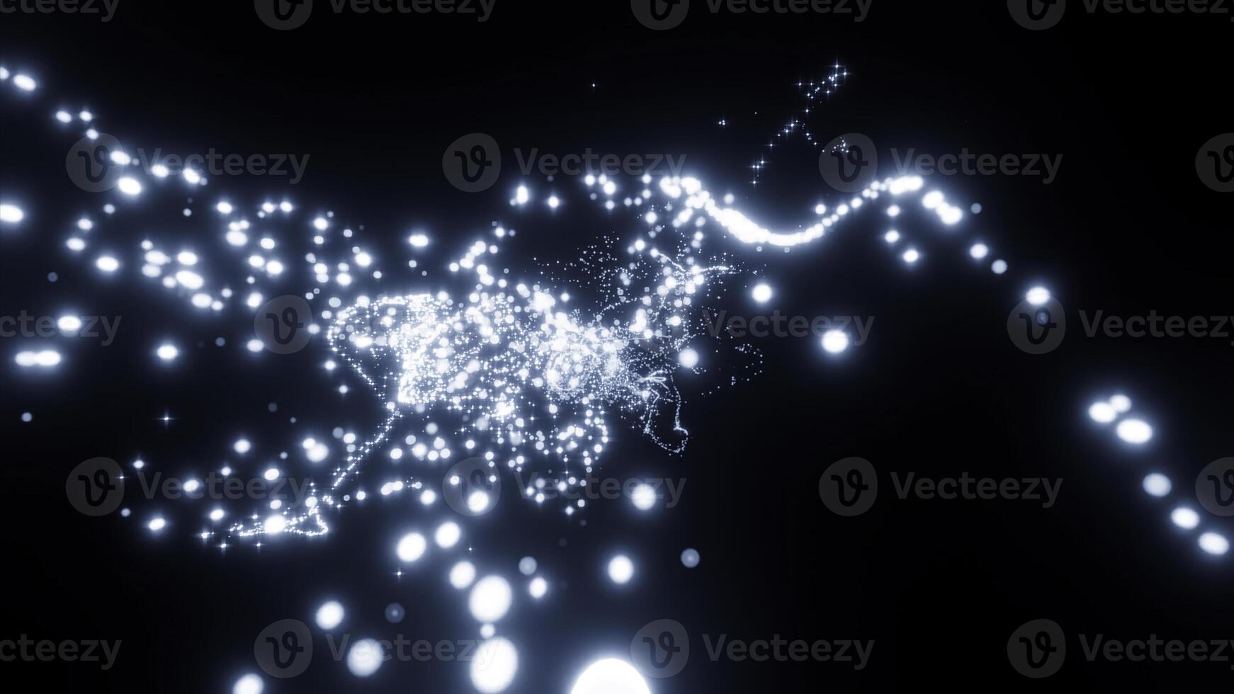 Tiny shimmering bokeh particles moving fast on a black backdrop. Design. Neon round shaped dots. photo