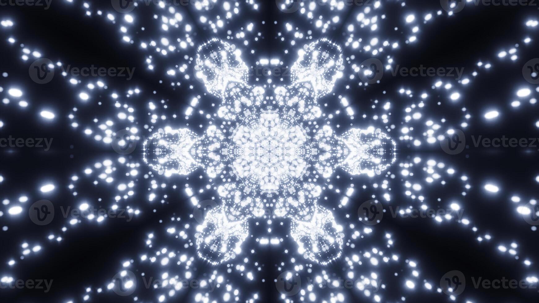 Kaleidoscope of glowing flying stars. Design. Pulsating ornament pattern with spreading particles. photo