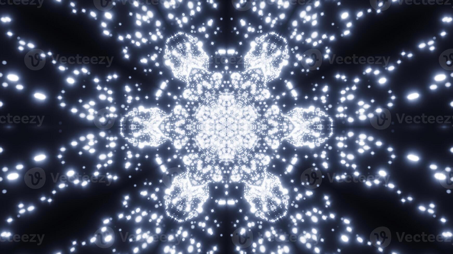 Kaleidoscope of glowing flying stars. Design. Pulsating ornament pattern with spreading particles. photo