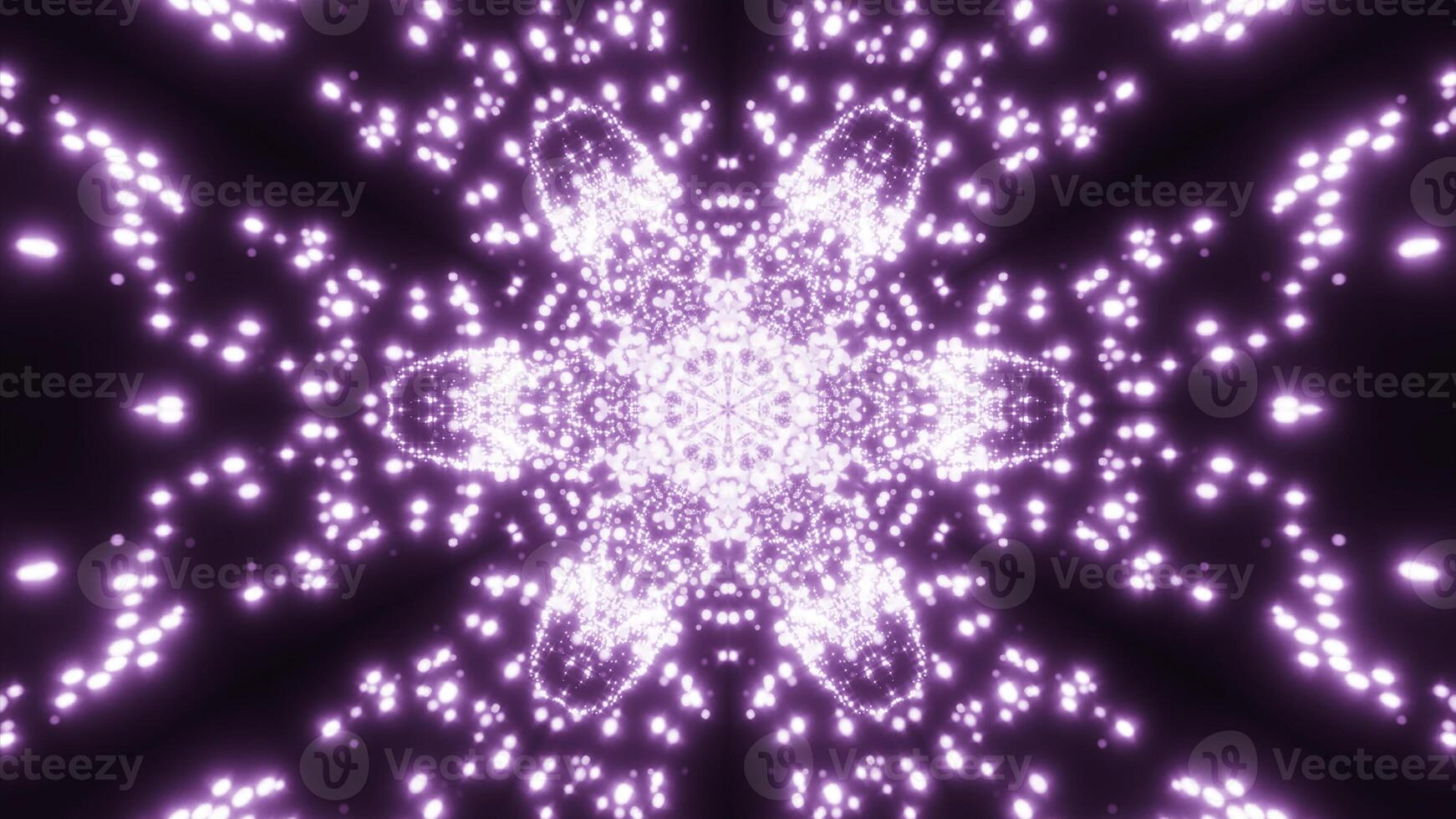 Floral kaleidoscopic shape absorbing tiny glowing particles. Design. Pulsating symmetrical figure and flying dots. photo