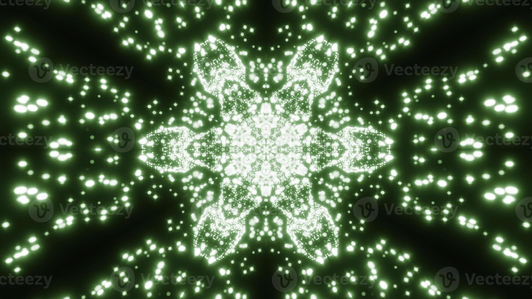 Floral kaleidoscopic shape absorbing tiny glowing particles. Design. Pulsating symmetrical figure and flying dots. photo