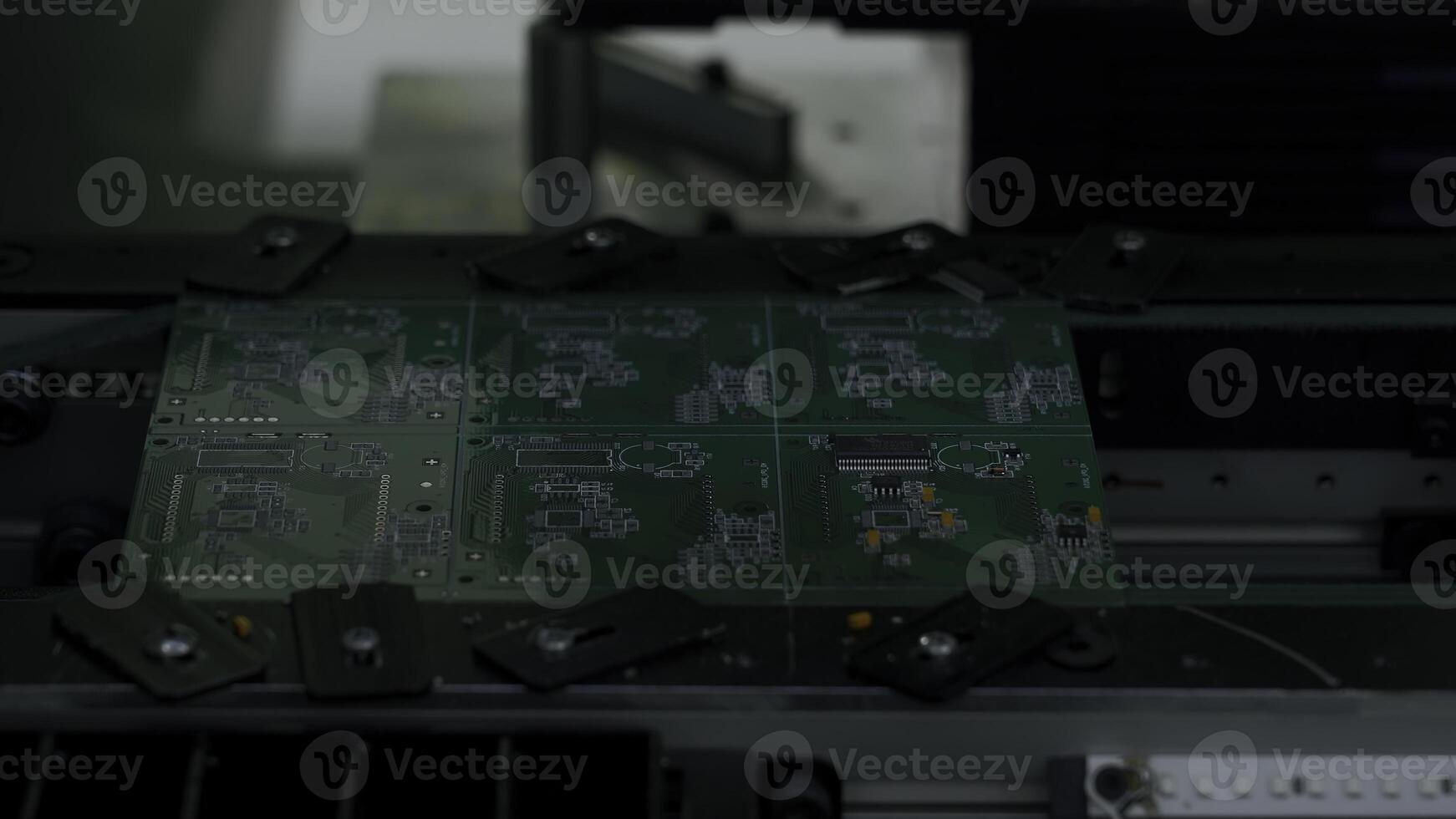 Manufacture of microchips with robotic equipment and laser. Creative. High tech technologies, concept of artificial intelligence. photo