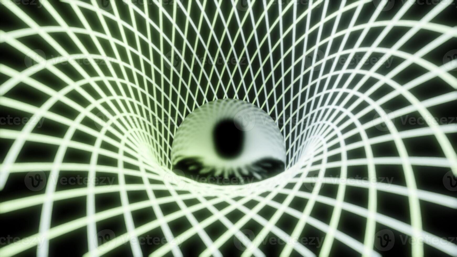 Abstract striped tunnel of neon green tunnel. Design. Glowing reflective sphere inside 3D corridor. photo