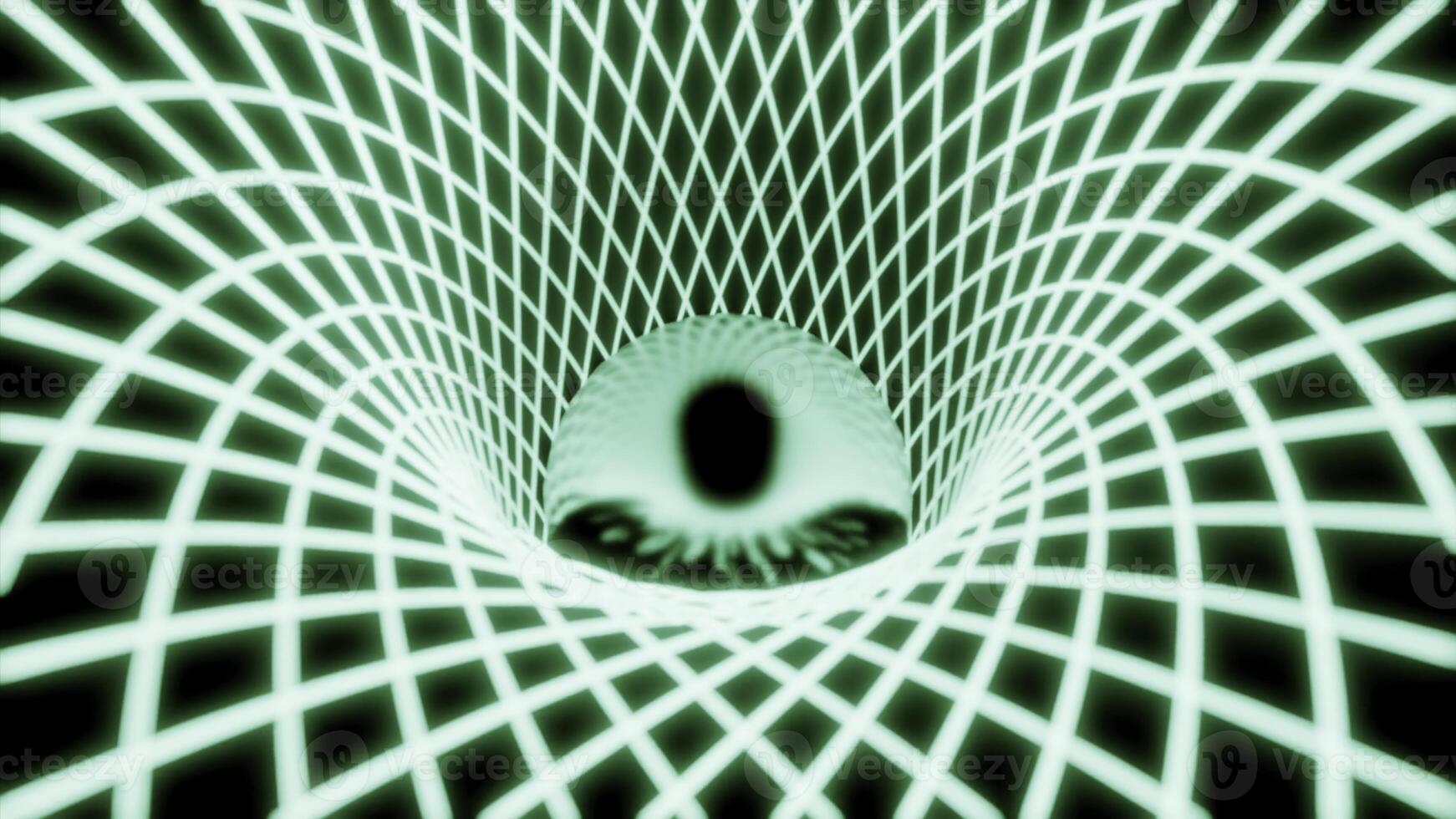 Abstract striped tunnel of neon green tunnel. Design. Glowing reflective sphere inside 3D corridor. photo