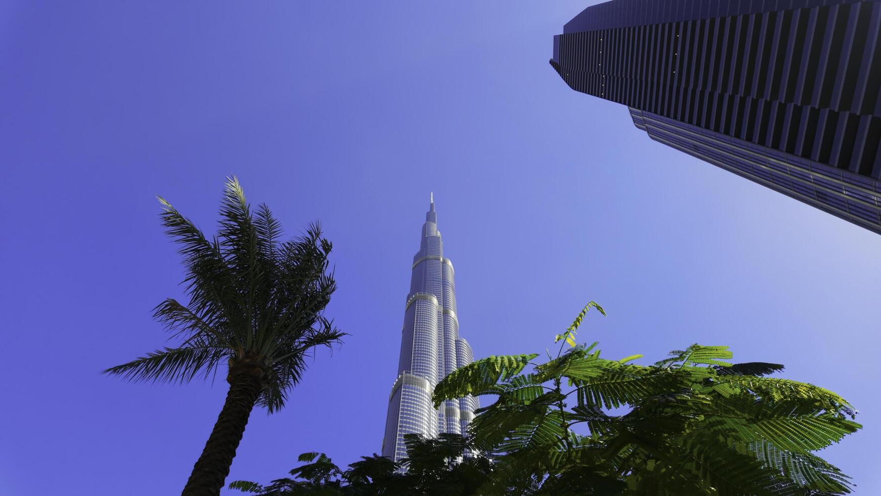 Ground angle of blue sky with tall buildings around. Action. Giant skyscrapers and summer nature. photo