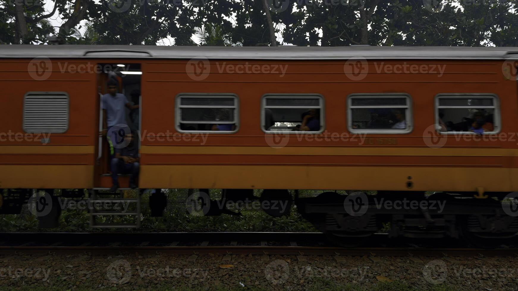 Side view of a train carrying tourists on a summer day. Action. Old train and green vegetation round, concept of public transport in the countryside. photo