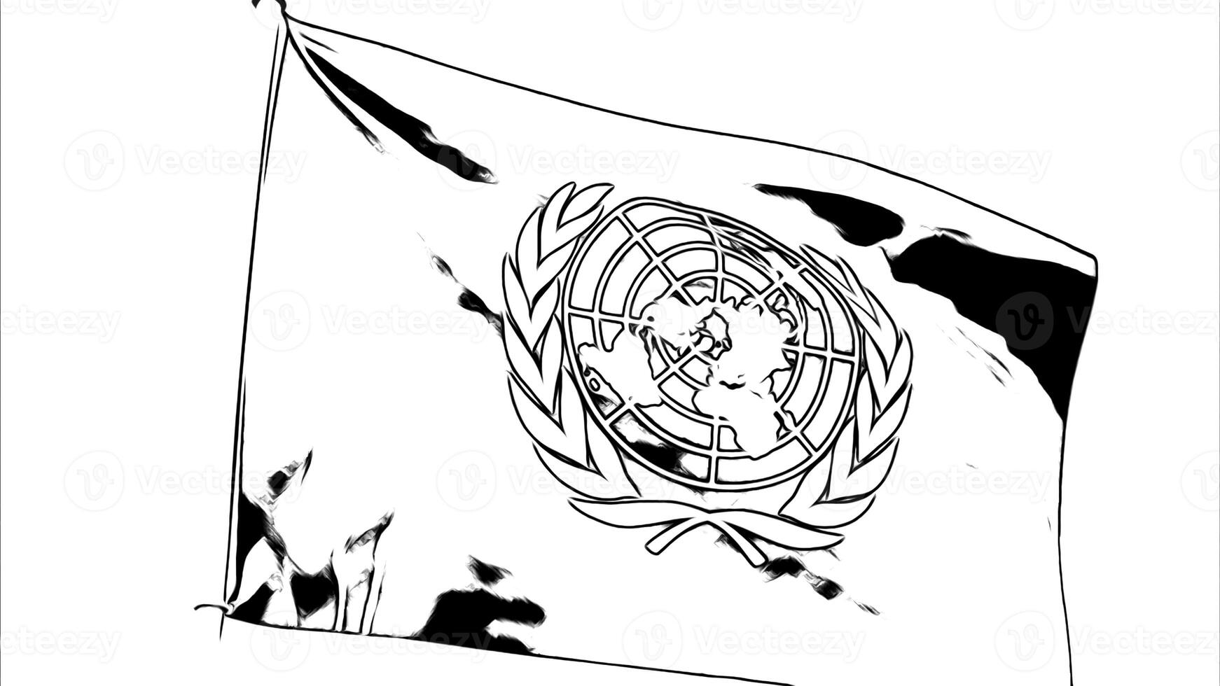 Waving monochrome national flag of the United Nations organization. Design. Abstract fluttering black and white flag. photo