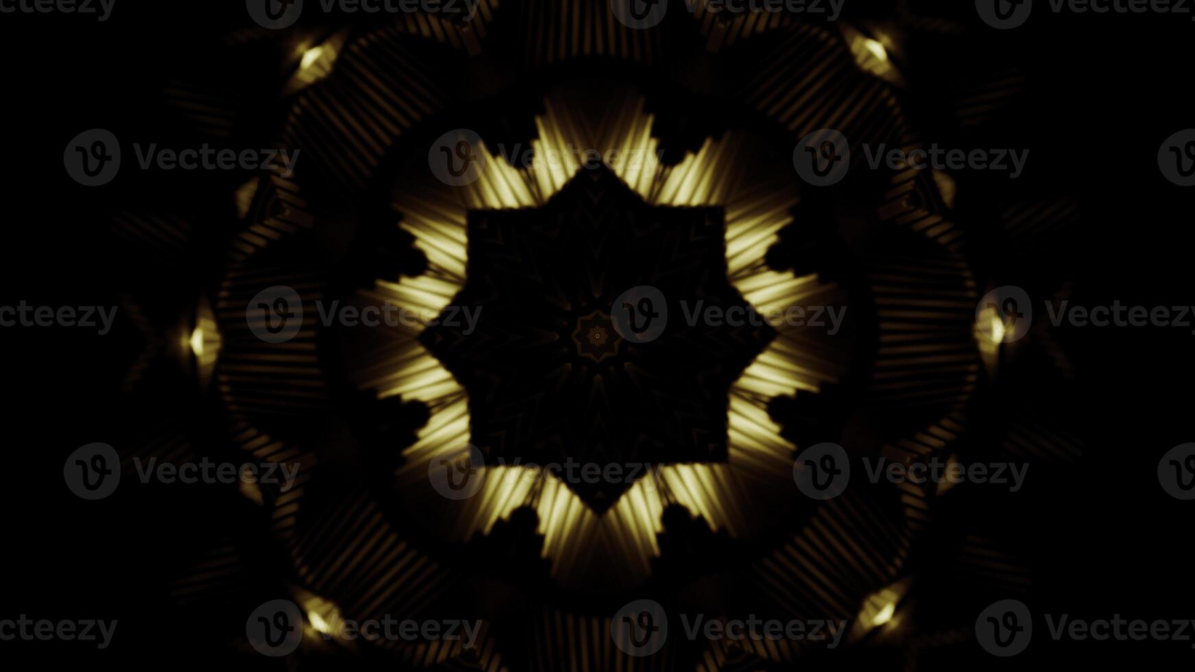 Golden shapes on black background, abstract objects. Design. Spreading and pulsating circular fractal stars. photo