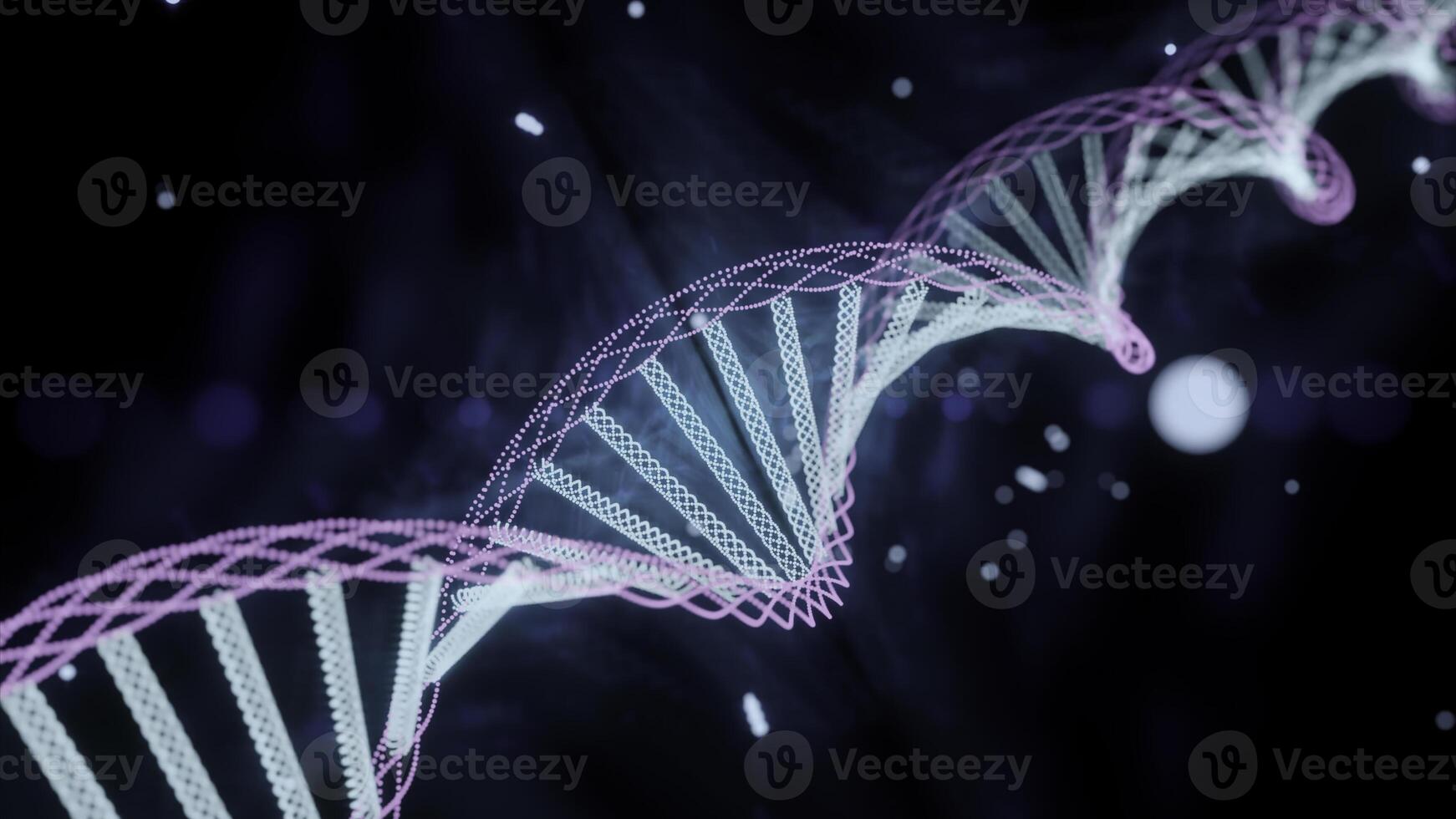 Animation of spinning dna structure, green and purple digital waves against black background. photo
