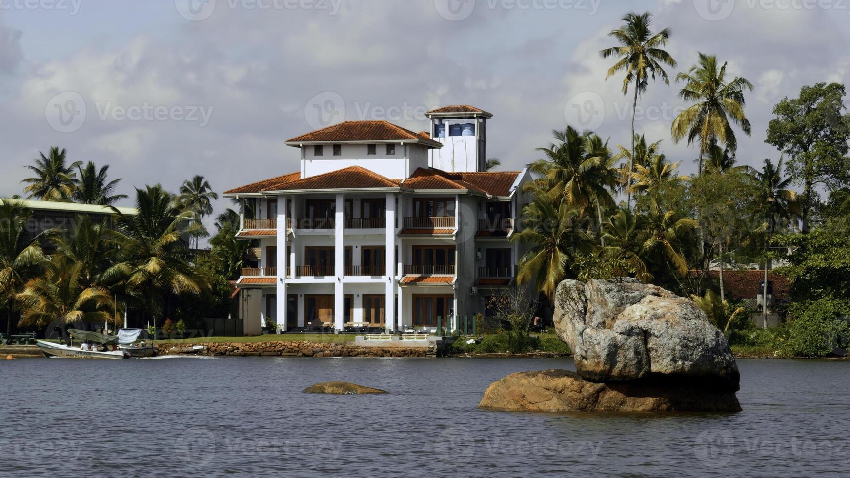 The view of mansion on the shore with palm trees. Action. Living at the sea shore with green vegetation. photo