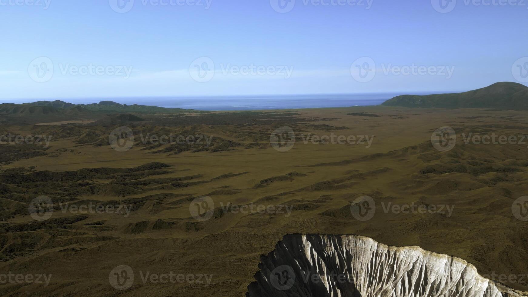 Aerial view of autumn yellow valley and stony cleft. Clip. Flying above stunning summer hilly region. photo