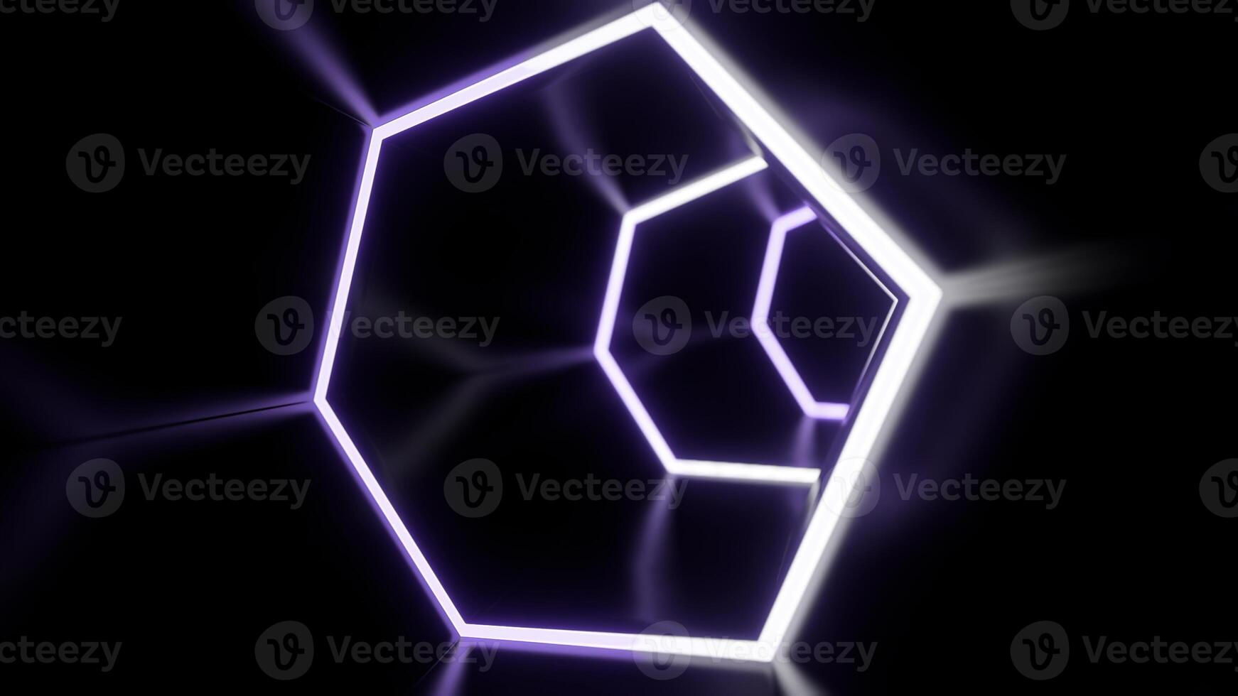 Flying inside dark virtual tunnel with neon hexagonal grid. Design. Bright neon grid of hexagons in the endless bending corridor. photo