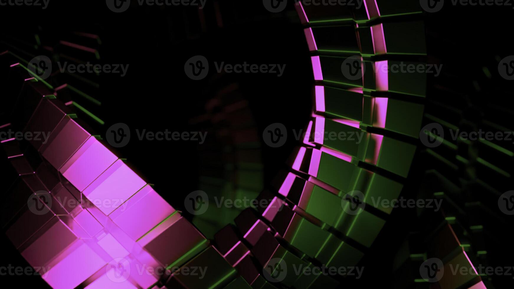 Abstract rotating metal rings on a black background. Design. Large spinning wheels of metal tiles under colorful lights. photo