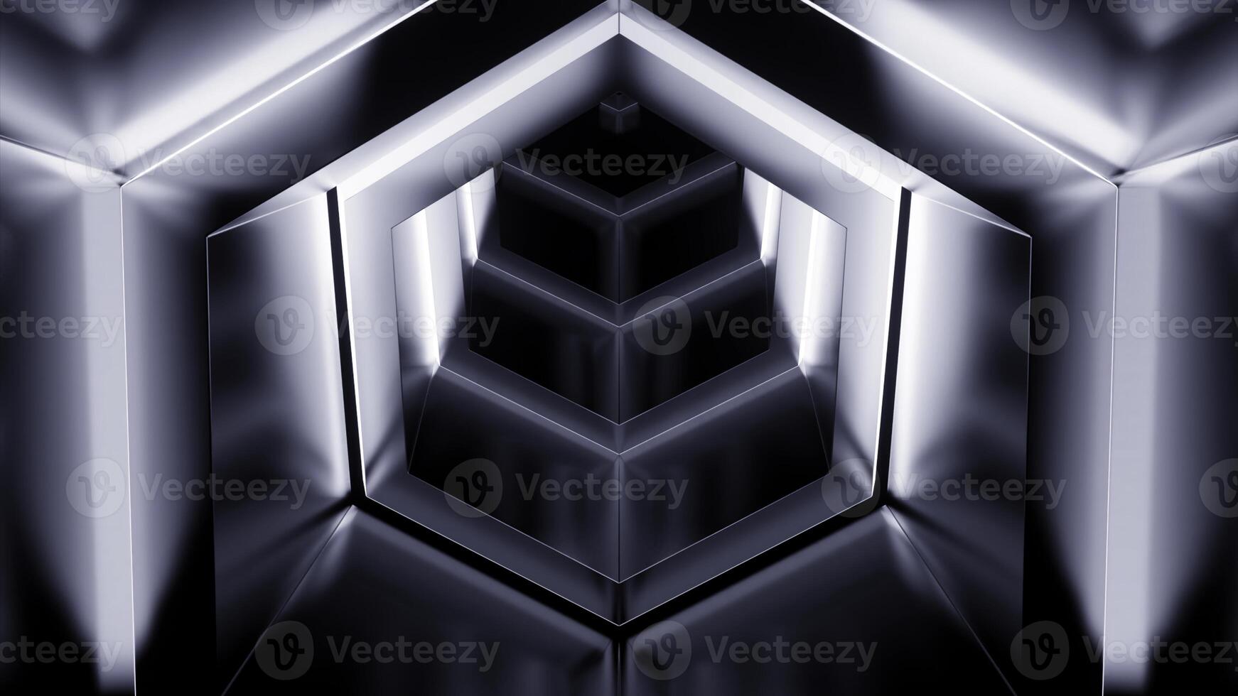 Abstract monochrome hexagon shapes creating effect of a tunnel. Design. Flying through neon frames. photo