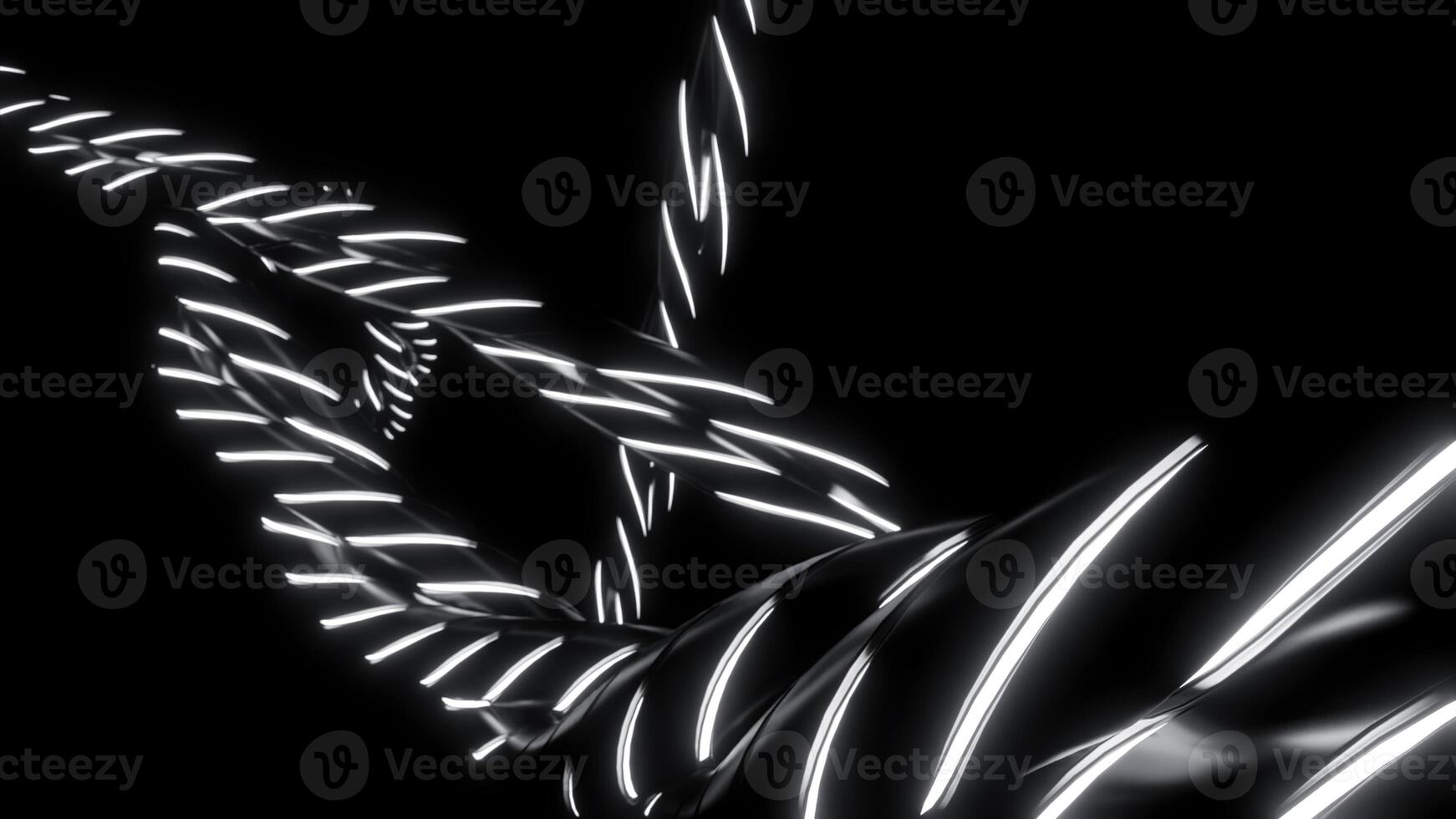 Abstract twisted neon monochrome rope on a black background. Design. Silver metal ropes with white neon stripes. photo