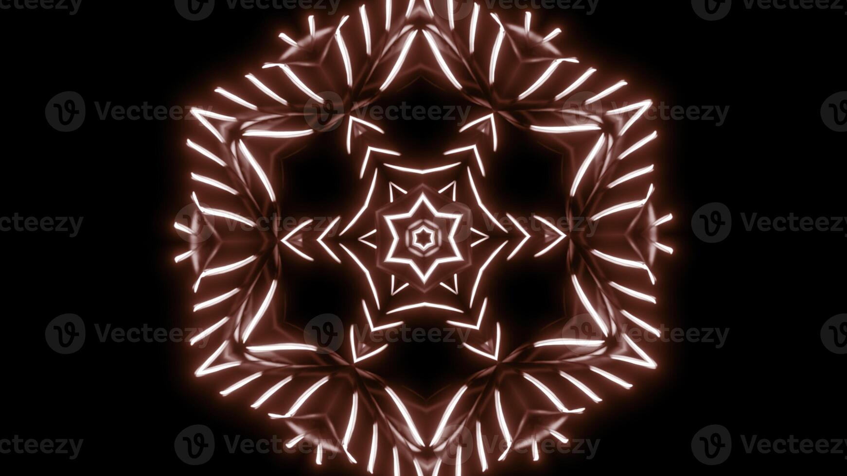 Symmetrical pattern with neon starry kaleidoscope. Design. Mirror reflection of repeating star or flower structure. photo