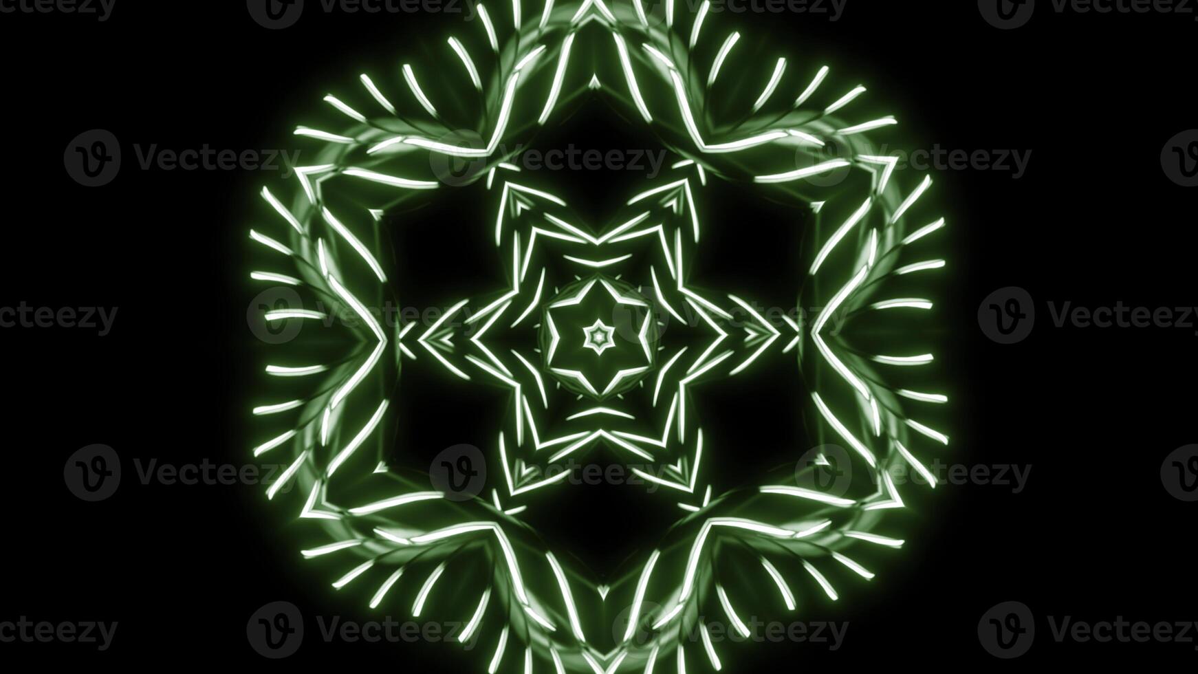 Symmetrical pattern with neon starry kaleidoscope. Design. Mirror reflection of repeating star or flower structure. photo