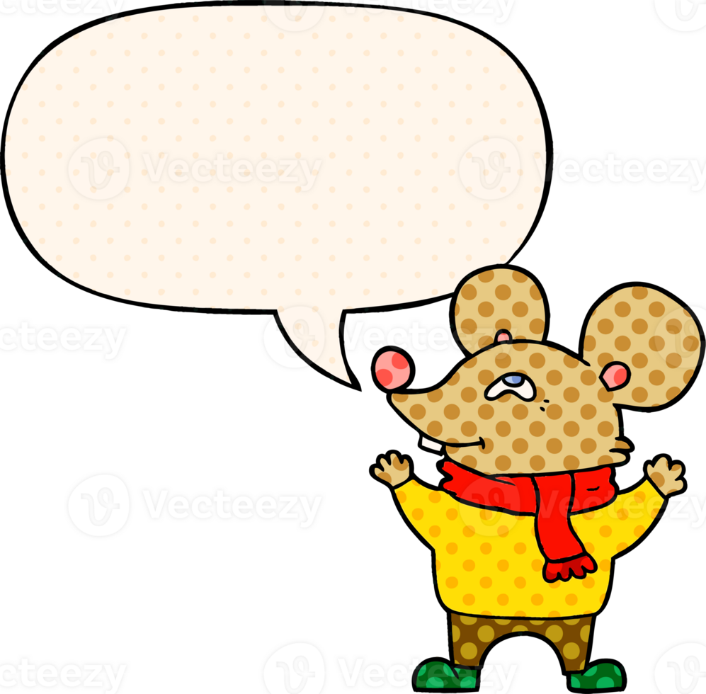 cartoon mouse wearing scarf and speech bubble in comic book style png