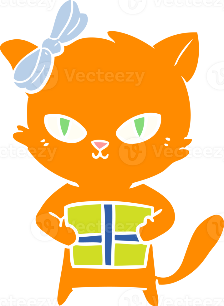 lindo gato de dibujos animados de estilo de color plano con presente png