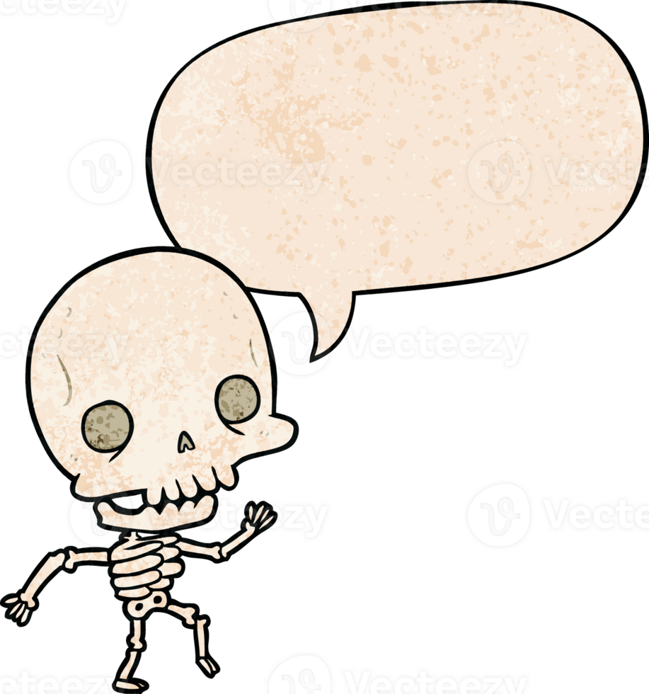 cute cartoon dancing skeleton with speech bubble in retro texture style png