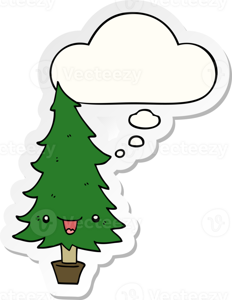 cute cartoon christmas tree and thought bubble as a printed sticker png